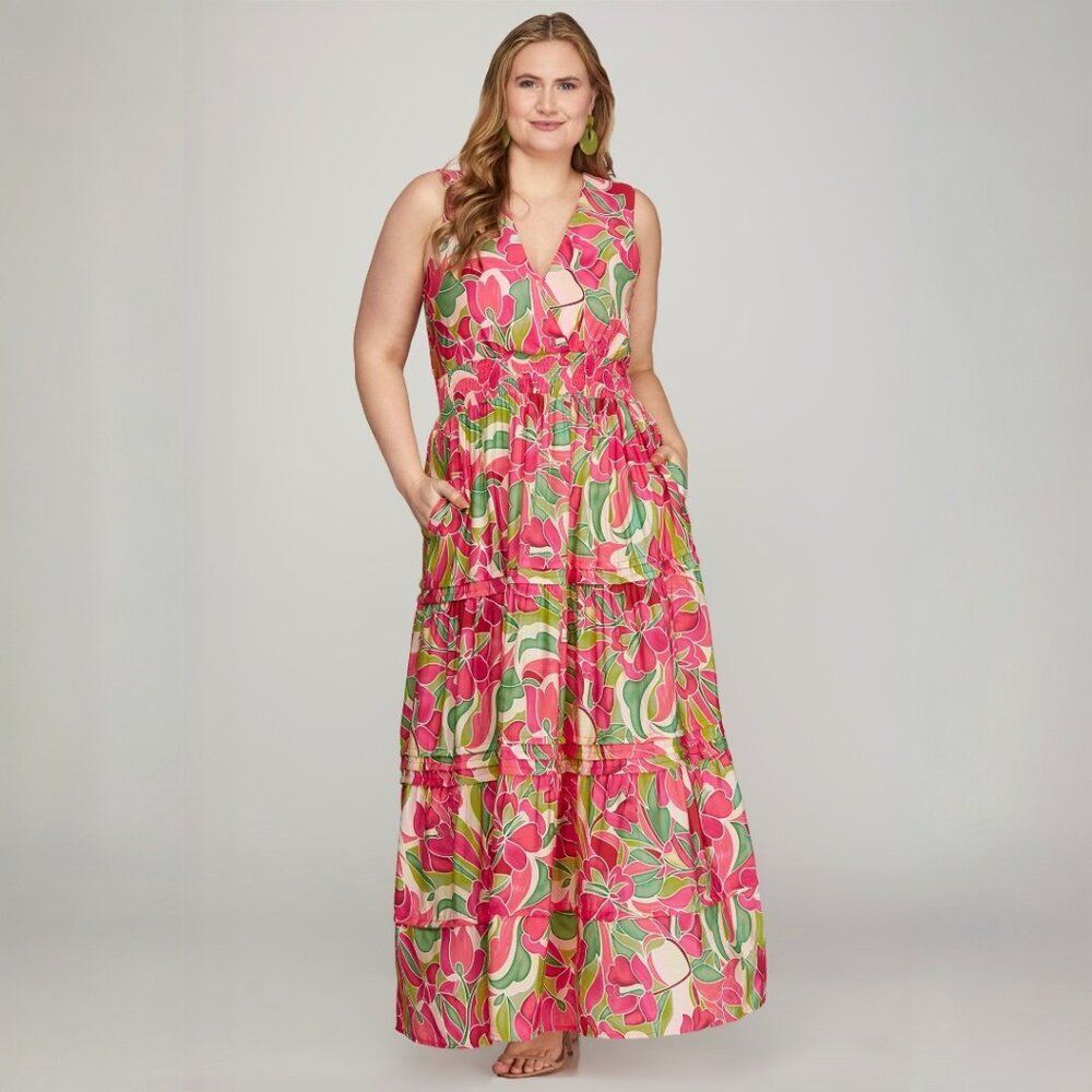 SHE + SKY Women's 1X Floral Botanical Print Tiered Maxi Dress Pink NWT